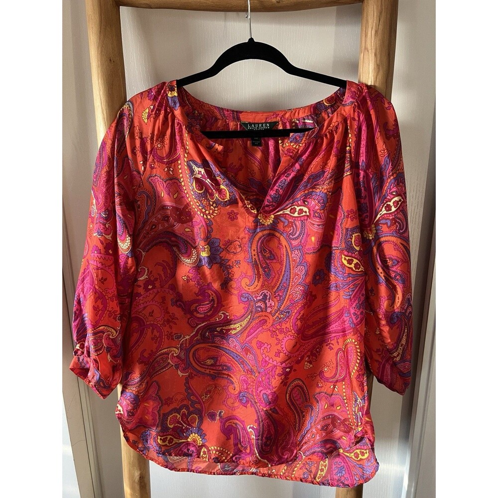 Lauren Ralph Lauren Orange Pink Purple 100% Silk Paisley V-Neck 3/4 Blouse PM